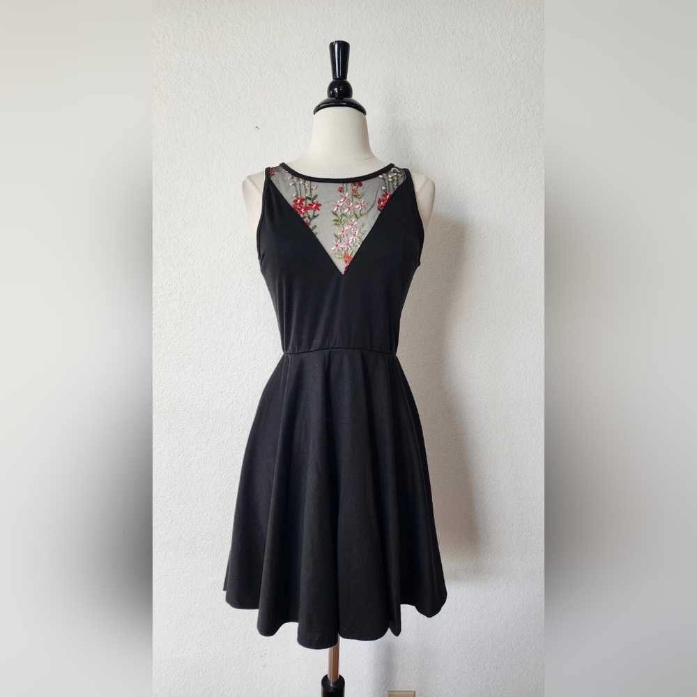 Black Fit-and-Flare Dress with Floral Mesh Yoke